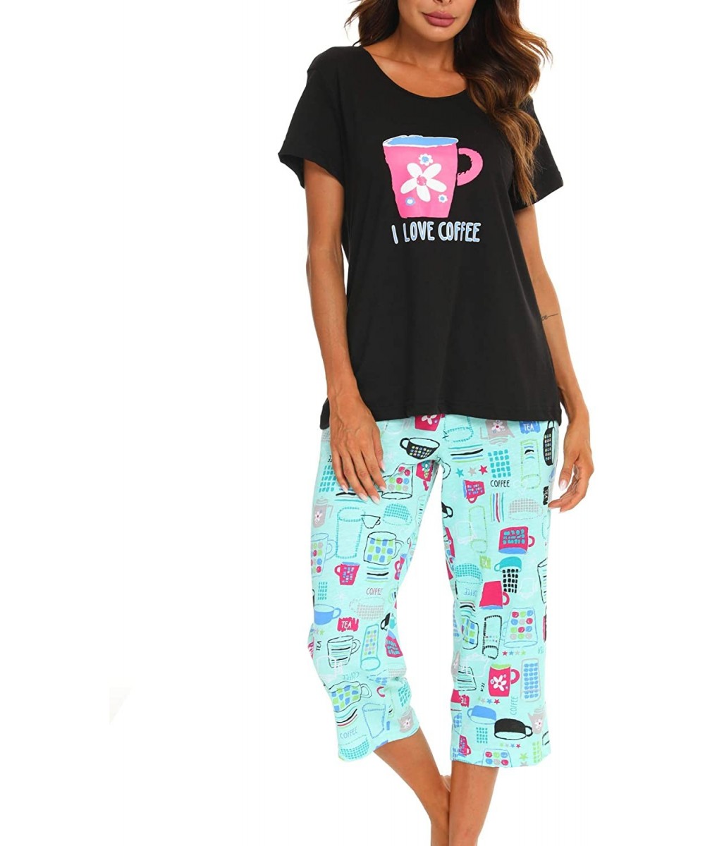 Sets Women's Cute Sleepwear Tops with Capri Pants Pajama Sets - Black Cup - CE19E4NYGL6