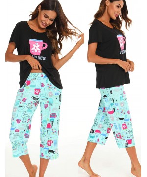 Sets Women's Cute Sleepwear Tops with Capri Pants Pajama Sets - Black Cup - CE19E4NYGL6