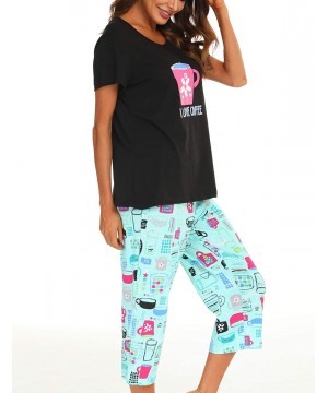 Sets Women's Cute Sleepwear Tops with Capri Pants Pajama Sets - Black Cup - CE19E4NYGL6