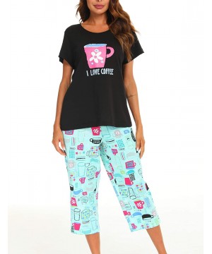 Sets Women's Cute Sleepwear Tops with Capri Pants Pajama Sets - Black Cup - CE19E4NYGL6