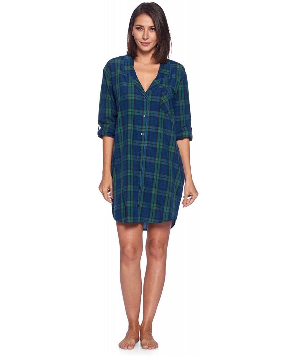 Nightgowns & Sleepshirts Women's Woven Plaid Long Sleeve Button Down Sleep Shirt Nightshirt - Green Blackwatch - CV18UO2NCE5