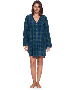 Nightgowns & Sleepshirts Women's Woven Plaid Long Sleeve Button Down Sleep Shirt Nightshirt - Green Blackwatch - CV18UO2NCE5