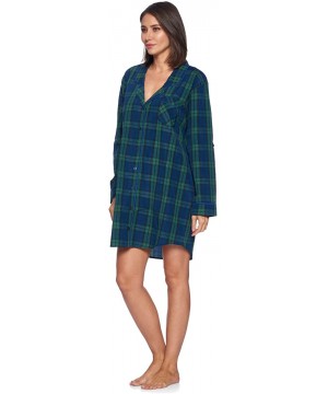 Nightgowns & Sleepshirts Women's Woven Plaid Long Sleeve Button Down Sleep Shirt Nightshirt - Green Blackwatch - CV18UO2NCE5