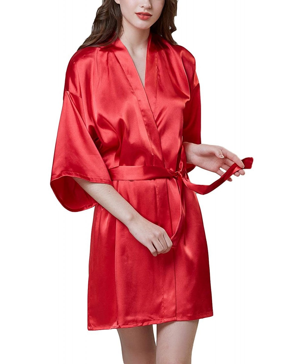 Robes Women's Luxury Short Silk Robes Half Sleeve Kimono Sleepwear Satin Soft Loungewear - Red - CD18T79RGM2