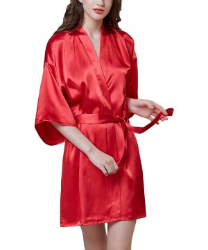 Robes Women's Luxury Short Silk Robes Half Sleeve Kimono Sleepwear Satin Soft Loungewear - Red - CD18T79RGM2