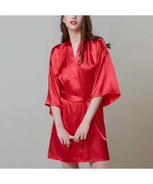 Robes Women's Luxury Short Silk Robes Half Sleeve Kimono Sleepwear Satin Soft Loungewear - Red - CD18T79RGM2