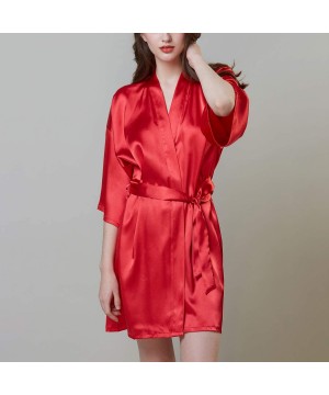 Robes Women's Luxury Short Silk Robes Half Sleeve Kimono Sleepwear Satin Soft Loungewear - Red - CD18T79RGM2