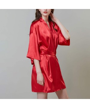 Robes Women's Luxury Short Silk Robes Half Sleeve Kimono Sleepwear Satin Soft Loungewear - Red - CD18T79RGM2