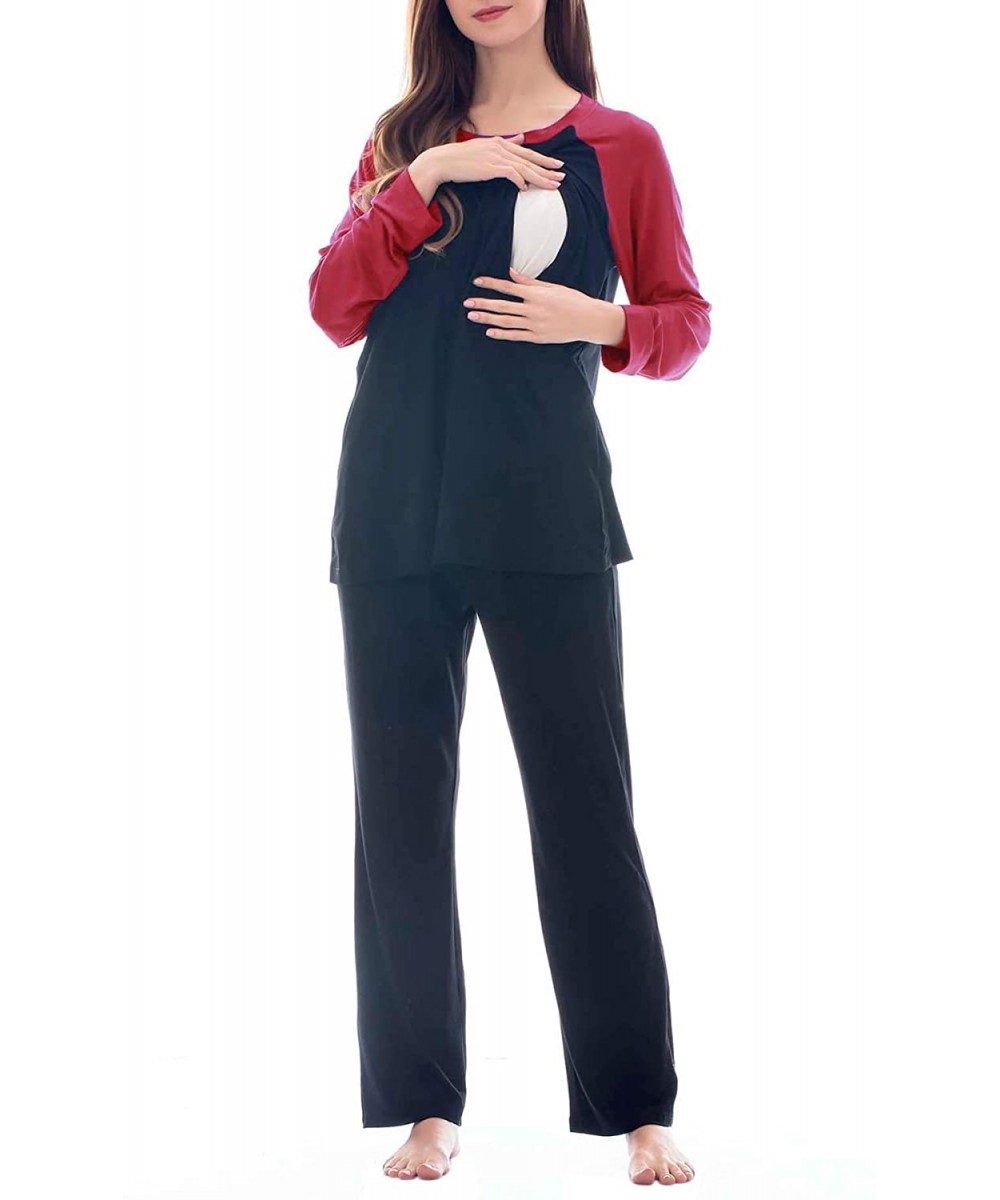 Sets Women's Maternity Nursing Pajamas Set 2 Pcs Breastfeeding Top and Pant Pjs - Wine-black - CT194GREMGT