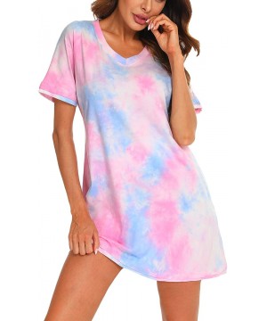 Nightgowns & Sleepshirts Sleep Shirt Women Tie Dye Nightgown Short Sleeve Cotton Nightshirt - Pink Blue - CN1906W2WZK