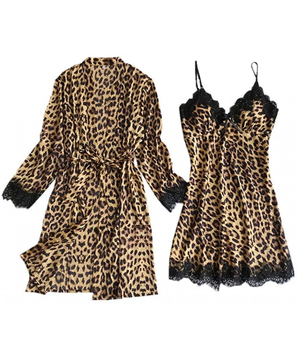 Sets Women's Satin Silk Pajamas Set Leopard Lace Trim Kimono Robe and Chemise Nightgown Pj Set Sleepwear Nightwear-2 Piece Se...