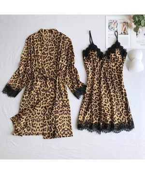 Sets Women's Satin Silk Pajamas Set Leopard Lace Trim Kimono Robe and Chemise Nightgown Pj Set Sleepwear Nightwear-2 Piece Se...