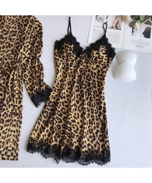 Sets Women's Satin Silk Pajamas Set Leopard Lace Trim Kimono Robe and Chemise Nightgown Pj Set Sleepwear Nightwear-2 Piece Se...