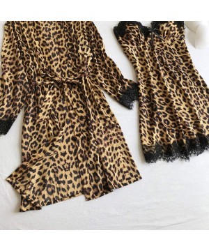 Sets Women's Satin Silk Pajamas Set Leopard Lace Trim Kimono Robe and Chemise Nightgown Pj Set Sleepwear Nightwear-2 Piece Se...