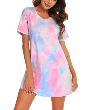 Nightgowns & Sleepshirts Sleep Shirt Women Tie Dye Nightgown Short Sleeve Cotton Nightshirt - Pink Blue - CN1906W2WZK