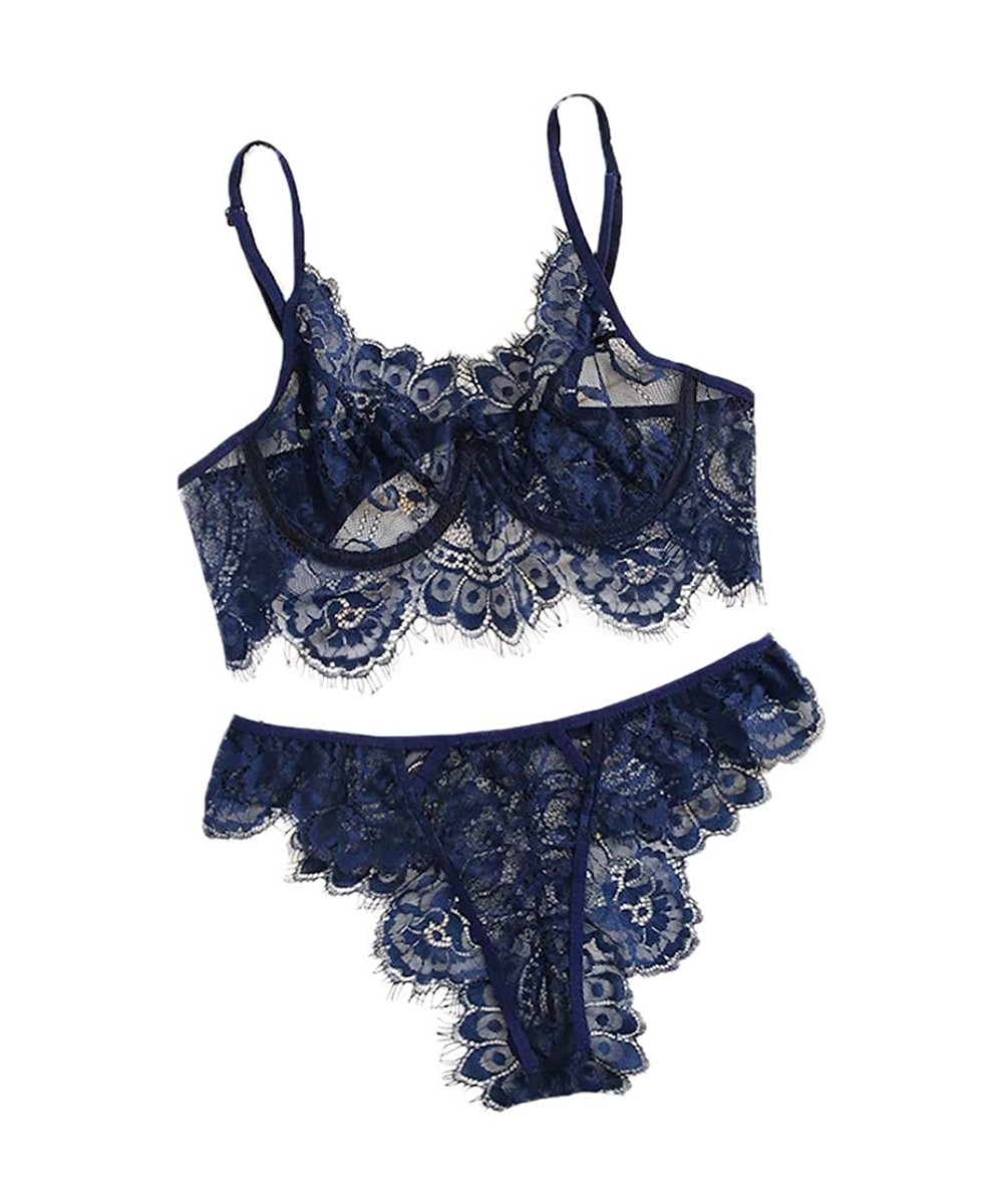 Sets Lace Underwear for Lover Solid Hollow Pattern Nightwear Women Lingerie Corset Sleepwear Chemise Tops+Briefs Navy - CK18X...