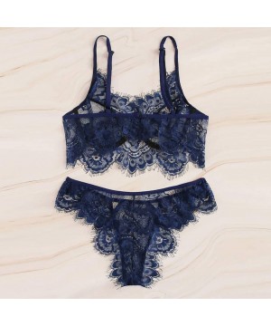 Sets Lace Underwear for Lover Solid Hollow Pattern Nightwear Women Lingerie Corset Sleepwear Chemise Tops+Briefs Navy - CK18X...