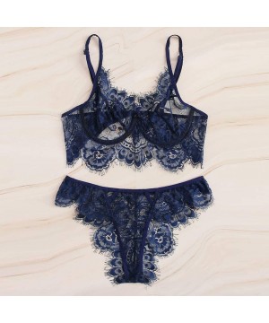 Sets Lace Underwear for Lover Solid Hollow Pattern Nightwear Women Lingerie Corset Sleepwear Chemise Tops+Briefs Navy - CK18X...