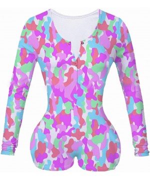 Sets Women Sexy Fruit Print Long Sleeve Button Down One Piece Romper Sleepwear Cotton Pajamas - D-camo - CE19DCX34QA