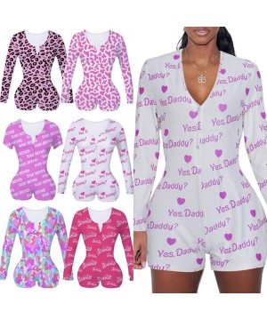 Sets Women Sexy Fruit Print Long Sleeve Button Down One Piece Romper Sleepwear Cotton Pajamas - D-camo - CE19DCX34QA