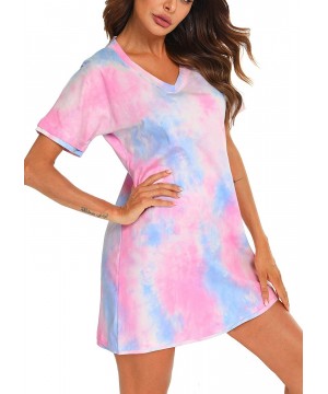 Nightgowns & Sleepshirts Sleep Shirt Women Tie Dye Nightgown Short Sleeve Cotton Nightshirt - Pink Blue - CN1906W2WZK