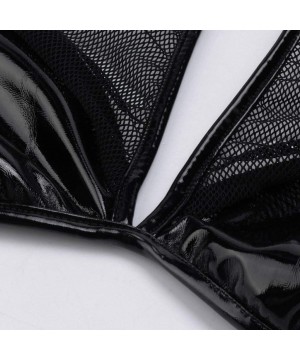 Bustiers & Corsets Women's Leather Halter Bodysuit Crotch Mesh Patchwork Leotard Clubwear - Black - C4193LCLMIQ