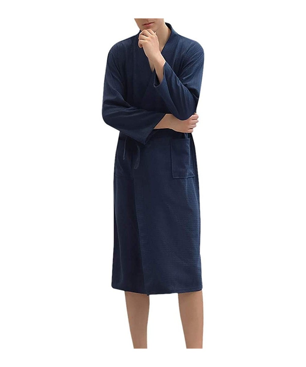 Robes Soft Absorbent Lightweight Robe Long Length Solid Color Kimono Waffle Spa Bathrobe Leisure Wear for Men - Navy - C2194G...