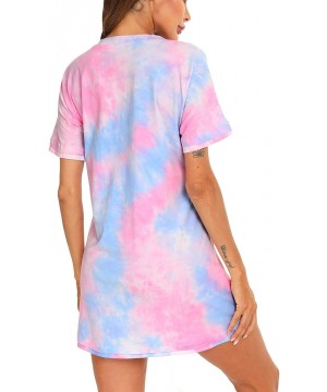 Nightgowns & Sleepshirts Sleep Shirt Women Tie Dye Nightgown Short Sleeve Cotton Nightshirt - Pink Blue - CN1906W2WZK