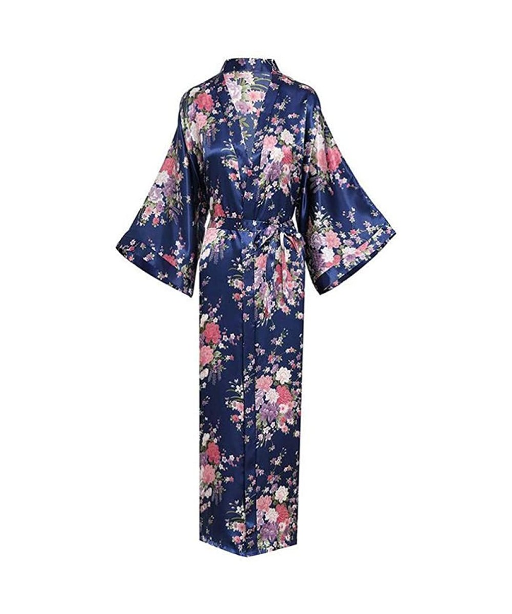 Robes Elegant Navy Blue Women Long Kimono Robe Gown Nigntgown Exquisite Print Flower Sleepwear Nightwear Casual Soft Bath - N...