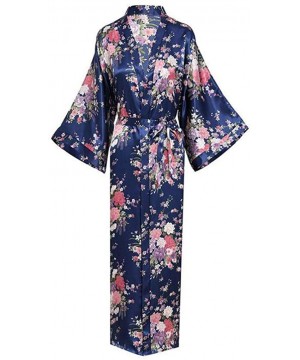 Robes Elegant Navy Blue Women Long Kimono Robe Gown Nigntgown Exquisite Print Flower Sleepwear Nightwear Casual Soft Bath - N...