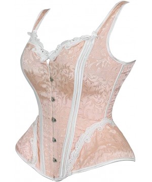 Bustiers & Corsets Women Gothic Vintage Steampunk Boned Lace Overbust Satin Shoulder Strap Corset Bustier Top - Pink - CB18KA...