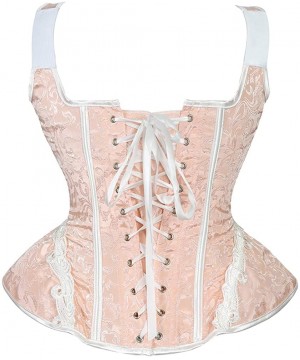 Bustiers & Corsets Women Gothic Vintage Steampunk Boned Lace Overbust Satin Shoulder Strap Corset Bustier Top - Pink - CB18KA...