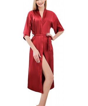 Robes Women's Silk Robes Short Sleeve Kimono Loungewear Stain Soft Luxury Solid Nightwear - Red - C61900C3NO6