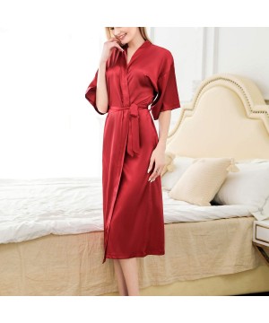 Robes Women's Silk Robes Short Sleeve Kimono Loungewear Stain Soft Luxury Solid Nightwear - Red - C61900C3NO6