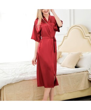 Robes Women's Silk Robes Short Sleeve Kimono Loungewear Stain Soft Luxury Solid Nightwear - Red - C61900C3NO6