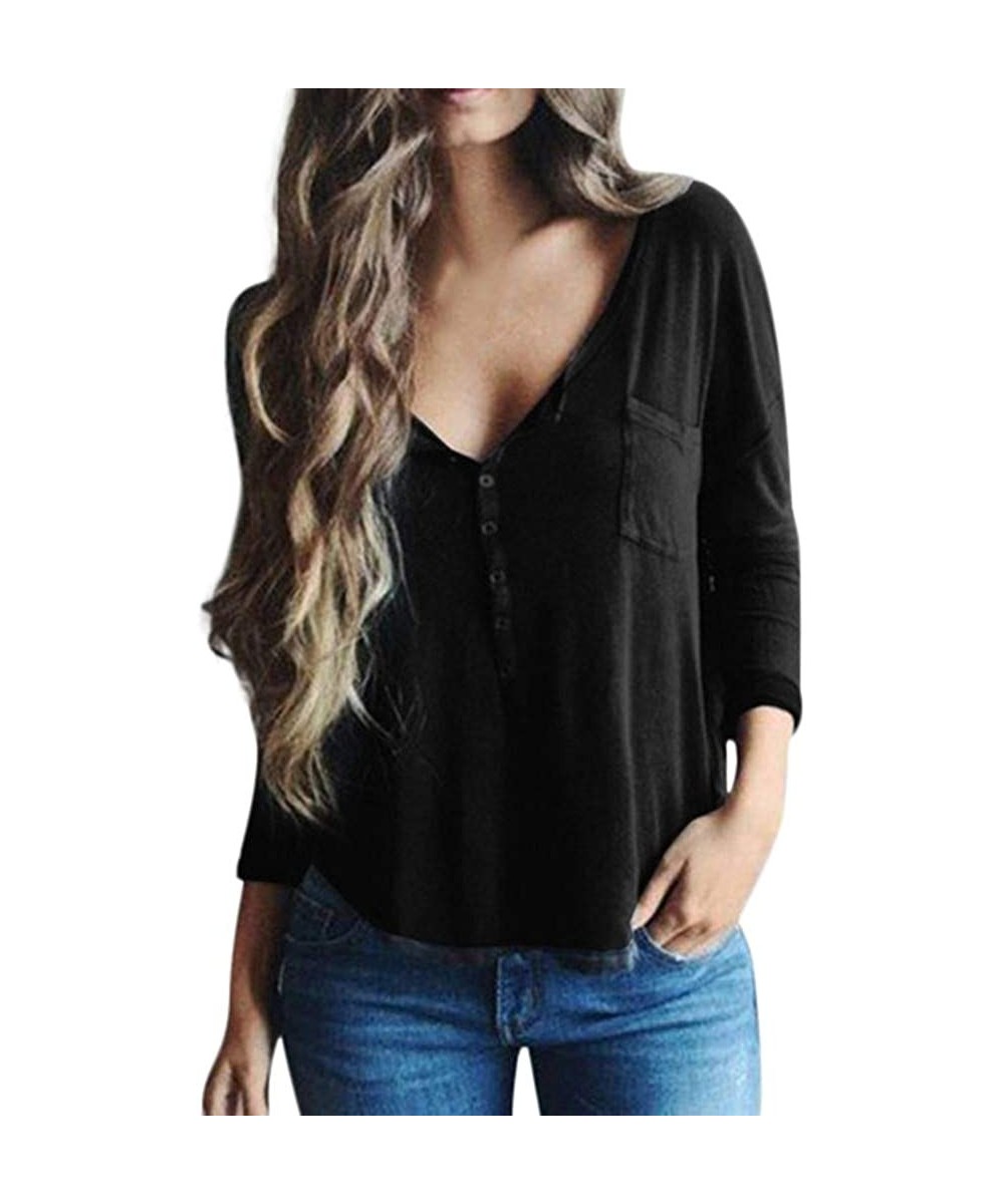 Tops Women's Fashion Loose Casual Brief Cool Top V-Neck Full Sleeve Button Blouses - Black - C218WZRWIUE