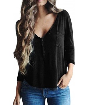 Tops Women's Fashion Loose Casual Brief Cool Top V-Neck Full Sleeve Button Blouses - Black - C218WZRWIUE