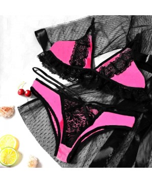 Garters & Garter Belts Women's Lace Lingerie Set See Through Robe and Bra and Thong and Belt 4 Pieces Sleepwear - Hot Pink - ...