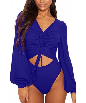 Shapewear Women's V Neck Ruched Cutout Front Puff Sleeve Bodycon Bodysuit Jumpsuit - Sapphire Bue - CC18A86RUQK