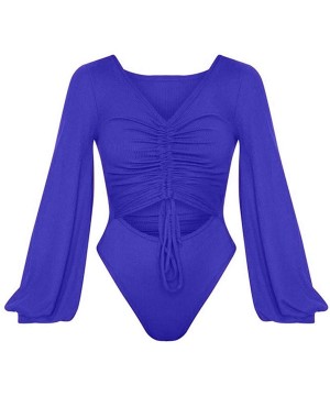 Shapewear Women's V Neck Ruched Cutout Front Puff Sleeve Bodycon Bodysuit Jumpsuit - Sapphire Bue - CC18A86RUQK