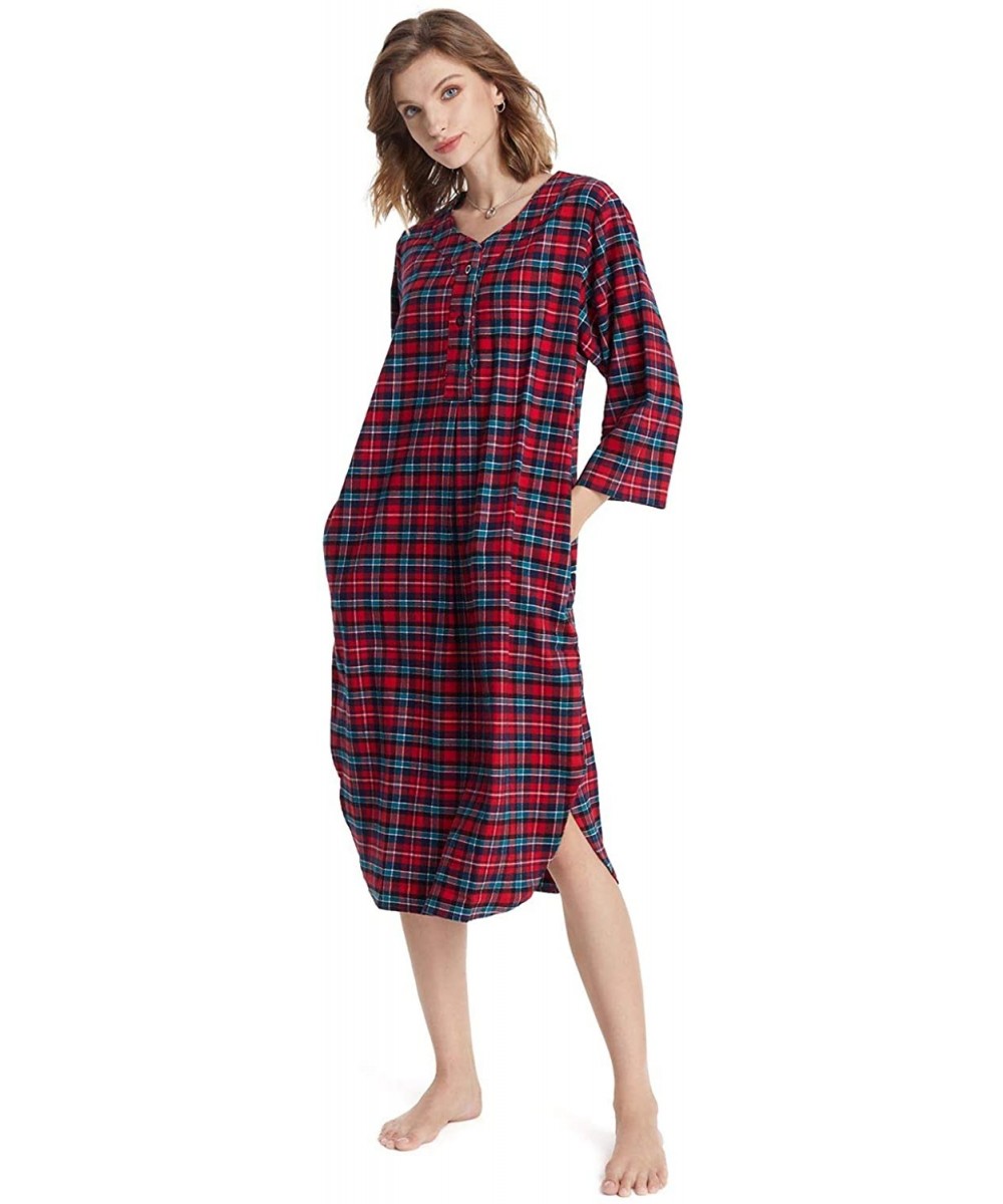 Nightgowns & Sleepshirts Women's Flannel Nightgown Plaid Cotton Sleepshirt Long Nightshirt Sleepwear - Red and Green Plaid - ...