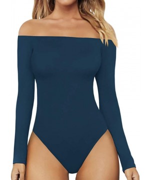 Shapewear Womens Off Shoulder Short Sleeve/Long Sleeve Tops T Shirt Bodysuit Jumpsuit - A2 Teal Blue - CP1922R6C9D