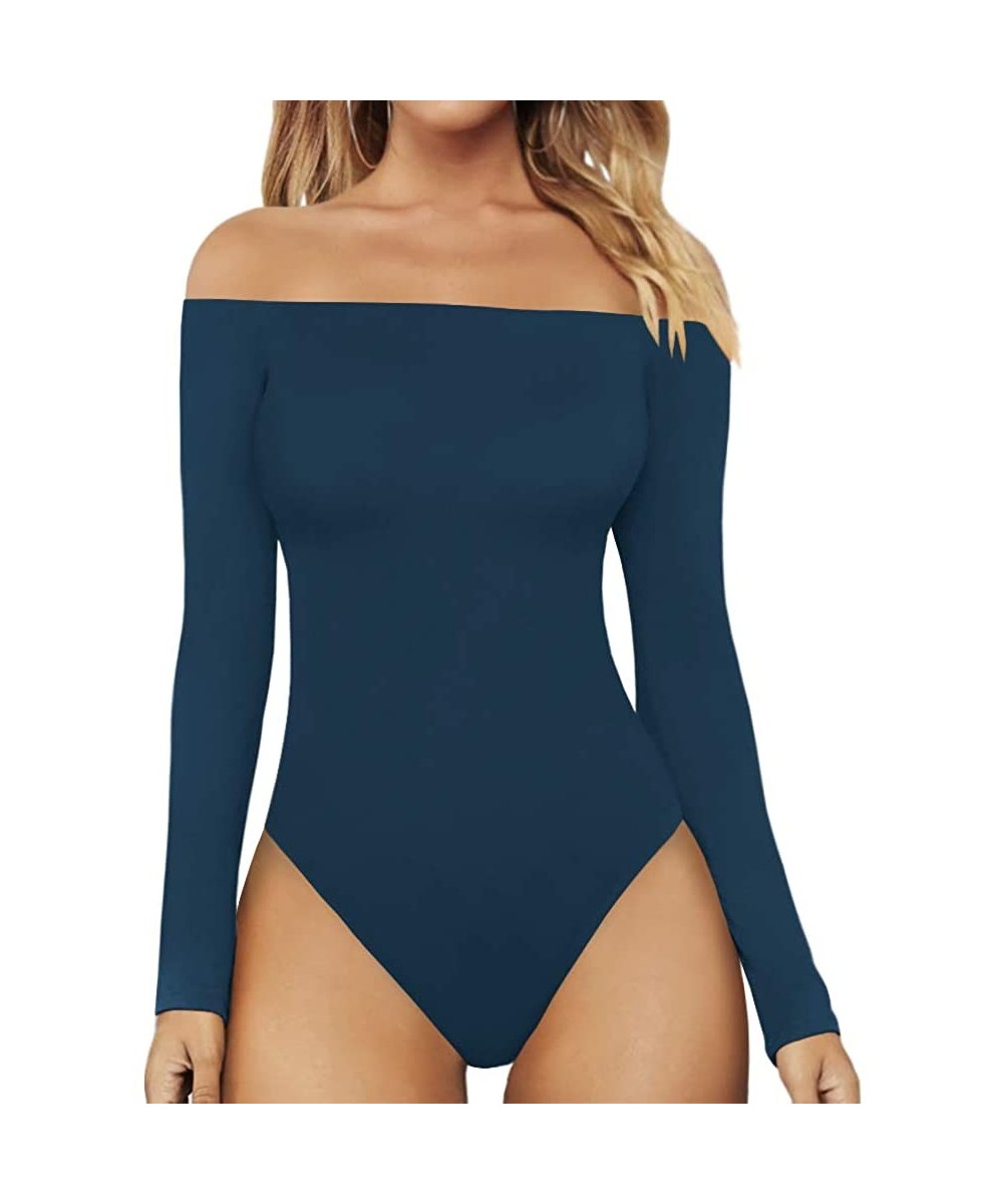 Shapewear Womens Off Shoulder Short Sleeve/Long Sleeve Tops T Shirt Bodysuit Jumpsuit - A2 Teal Blue - CP1922R6C9D