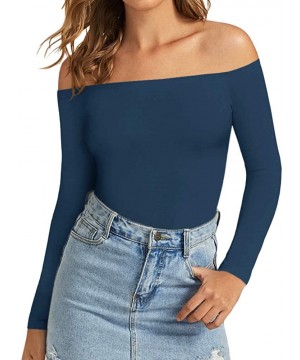 Shapewear Womens Off Shoulder Short Sleeve/Long Sleeve Tops T Shirt Bodysuit Jumpsuit - A2 Teal Blue - CP1922R6C9D