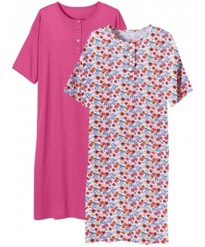 Nightgowns & Sleepshirts 100% Cotton Henley Nightshirt - White Floral/Fuchsia - C3190Y70GCD