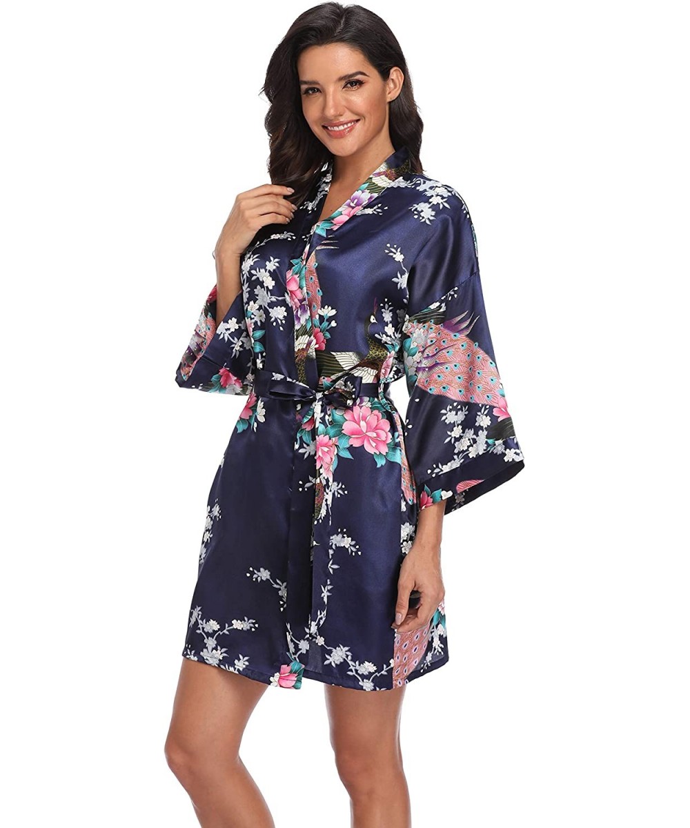 Robes Women's Short Bridesmaids Robe Floral Satin Kimono Dressing Gown Loungewear - Navy - CG18I5K9H3Y