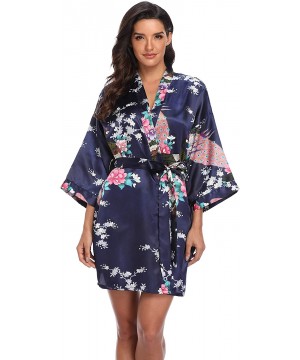 Robes Women's Short Bridesmaids Robe Floral Satin Kimono Dressing Gown Loungewear - Navy - CG18I5K9H3Y