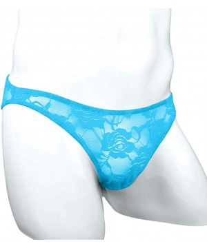 Briefs Men's G-String T-Back Perspective Sexy Full Lace Translucent Solid Lows Waist Underwear Lingerie Triangle Briefs - Sky...