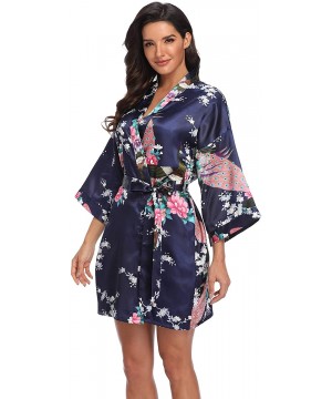 Robes Women's Short Bridesmaids Robe Floral Satin Kimono Dressing Gown Loungewear - Navy - CG18I5K9H3Y