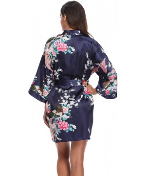 Robes Women's Short Bridesmaids Robe Floral Satin Kimono Dressing Gown Loungewear - Navy - CG18I5K9H3Y